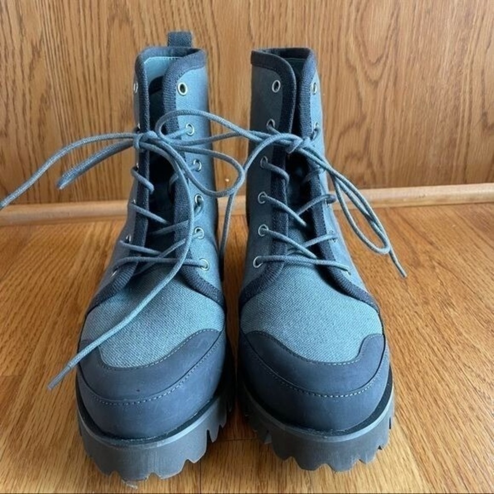 J.crew Gwen boots women's size 7.5 canvas lace‎ up lug sole slate green EUC